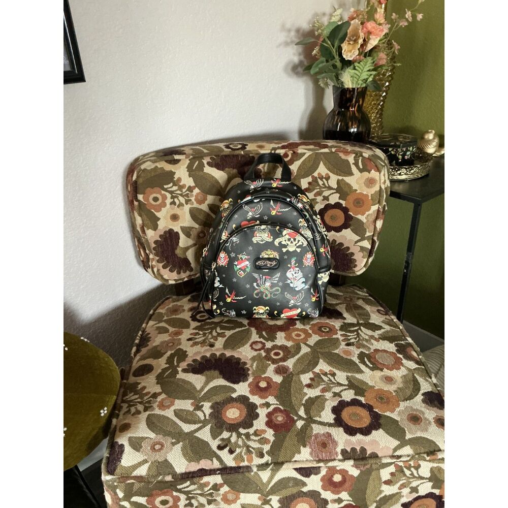 Ed Hardy Mini Backpack Black Tattoo Print Y2K Skulls Tiger Faux Leather